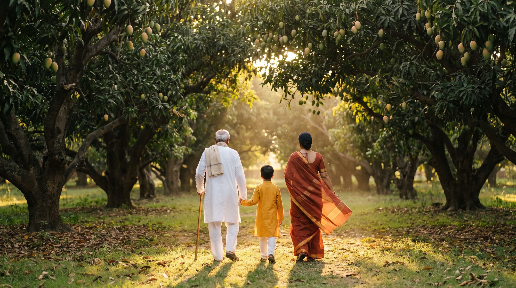 A family walking through a fruit orchard