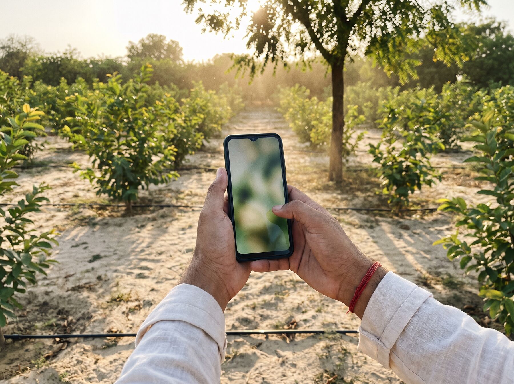 Illustration: a phone showing a farm dashboard in a field