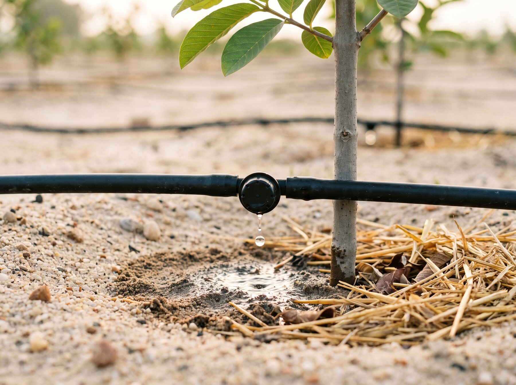 Drip irrigation lines along young plants in a field