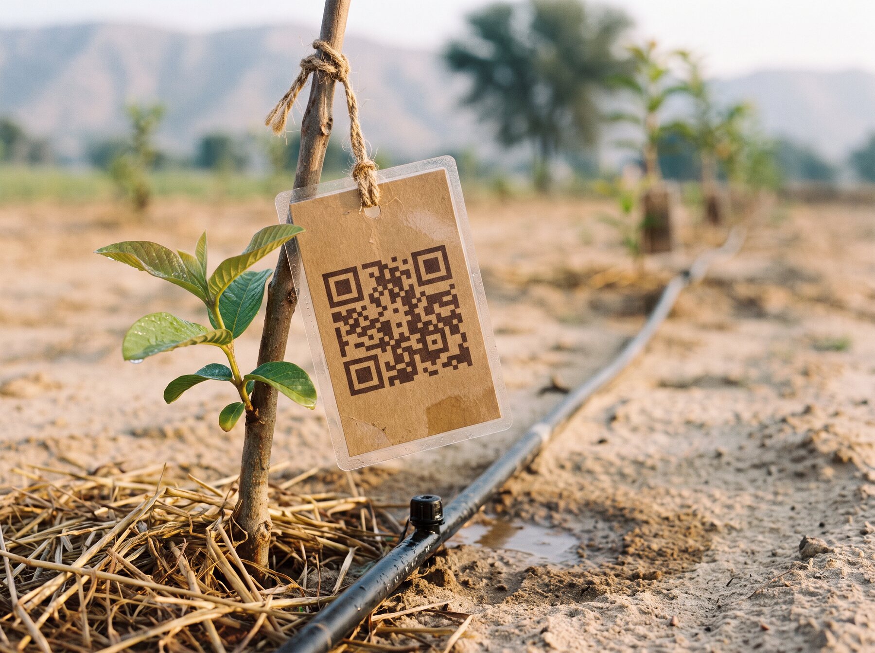 Illustration: a QR tag tied to a young sapling